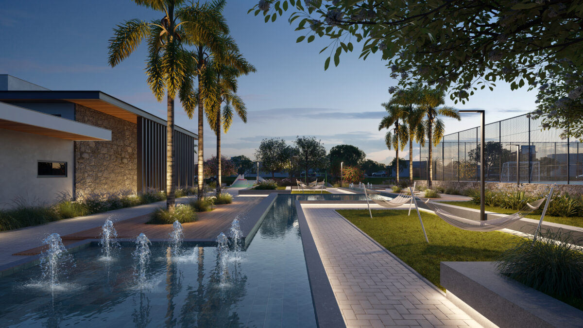 A praça d’água é uma das áreas de lazer premium do Vila Real Exclusive.